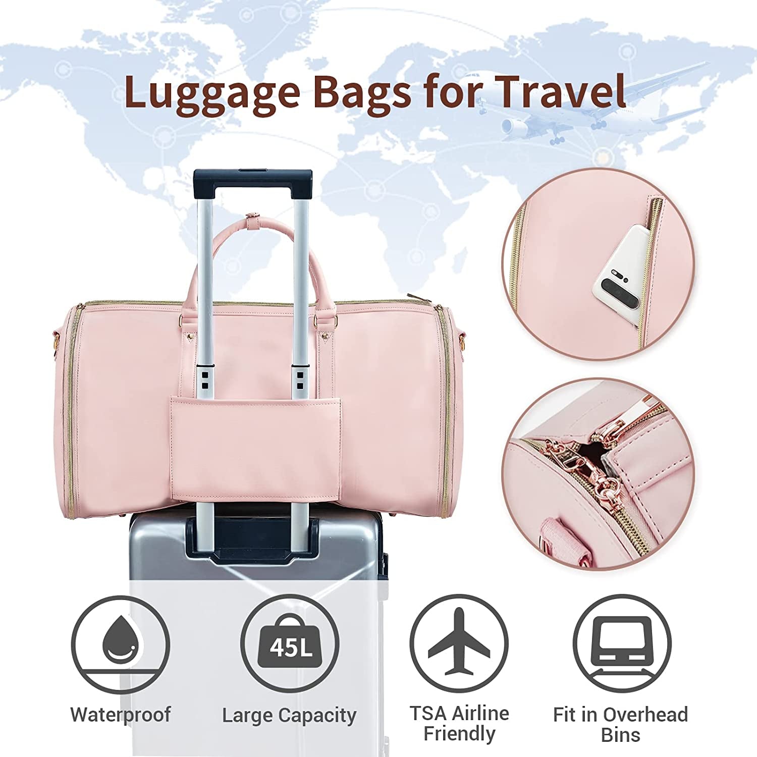 Garment Bags for Travel, Convertible Suit Travel Bag for Women, Stylish Carry on Garment Bag with Toiletry Pocket, Shoulder Strap and Shoes Compartment, 2 in 1 Foldable PU Leather Duffle Bag, Pink